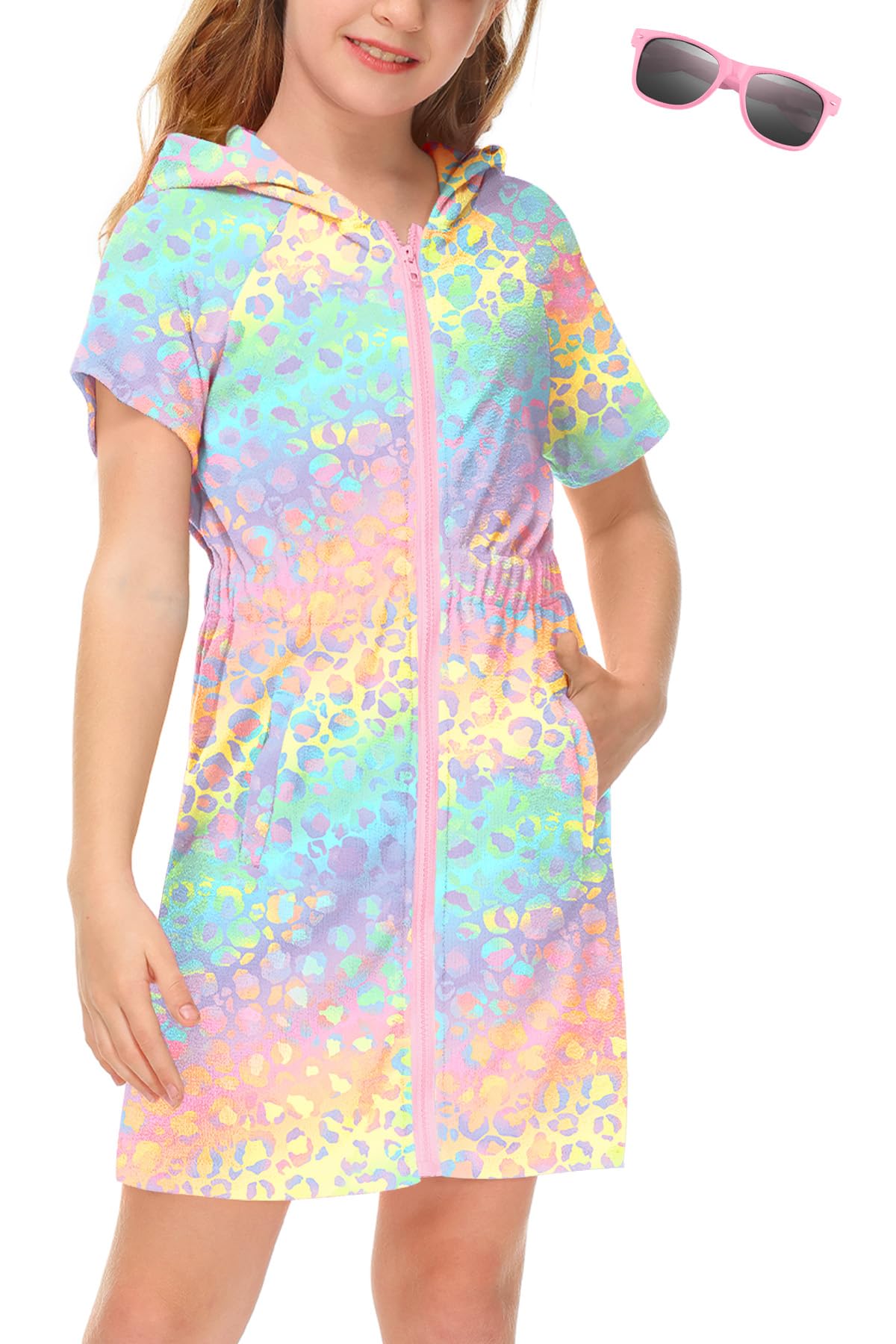 BesserBay Girls Swim Cover Up Beach Bathing Suit Coverups for Swimwear Zip-Up Terry Cloth Robes with Sunglasses 6-14 Years