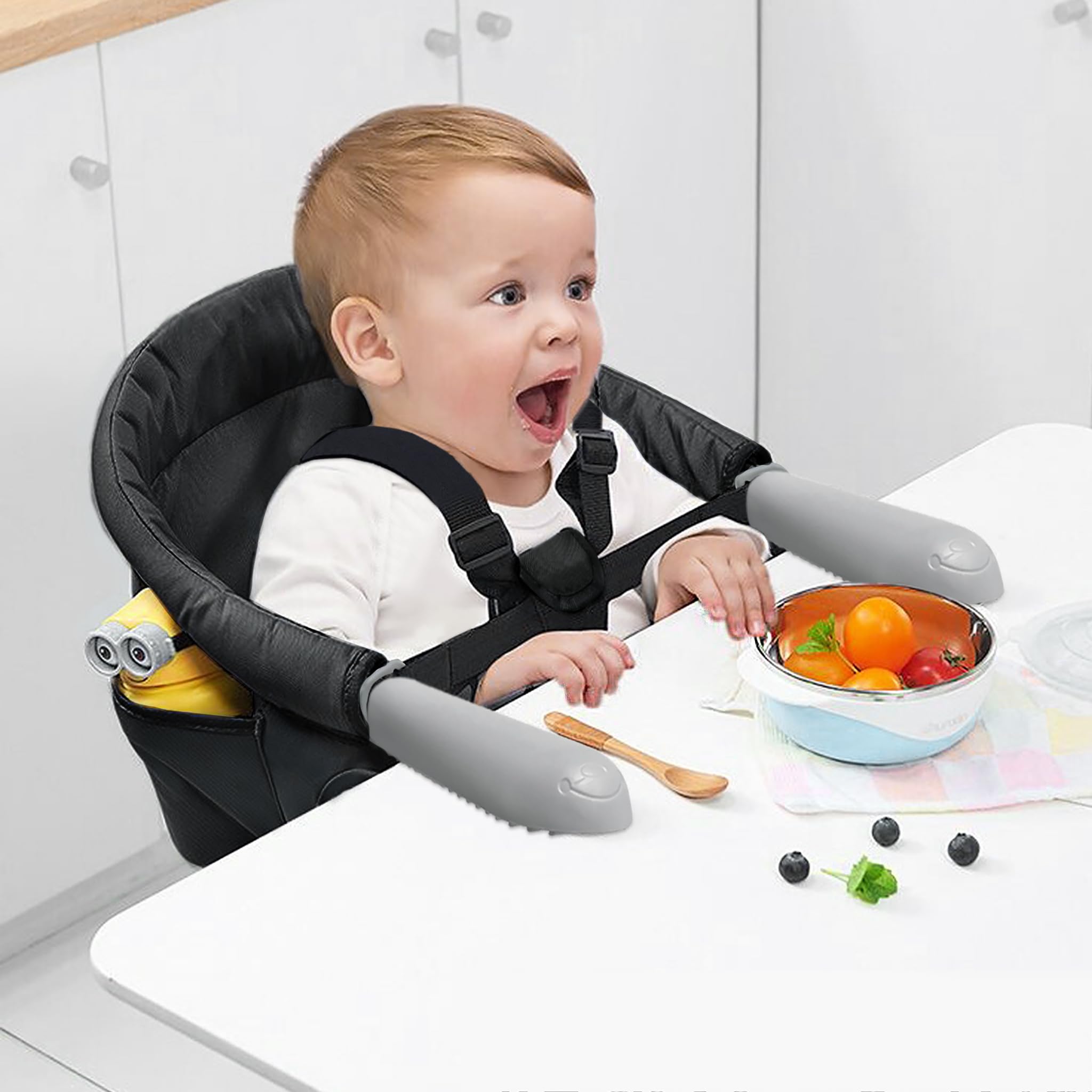 LILIIN Tischsitz Faltbar Babysitz, Booster Essstuhl, Tischsitz Babystuhl Sitzerhöhung, Sitzhilfe für Kinder, Tragbarer Hochstuhl für zu Hause und Unterwegs, Schwarz
