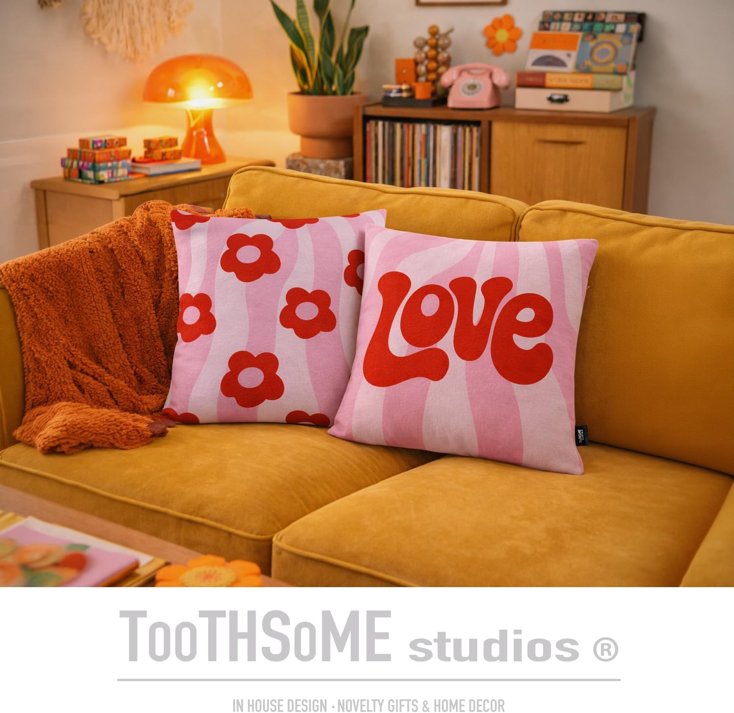 Toothsome Studios Love, Cute Girls Room Throw Pillow Groovy Flower Print Cover Set, 15.75" x 15.75", Polyester, 2-Pack (LoveFlower)
