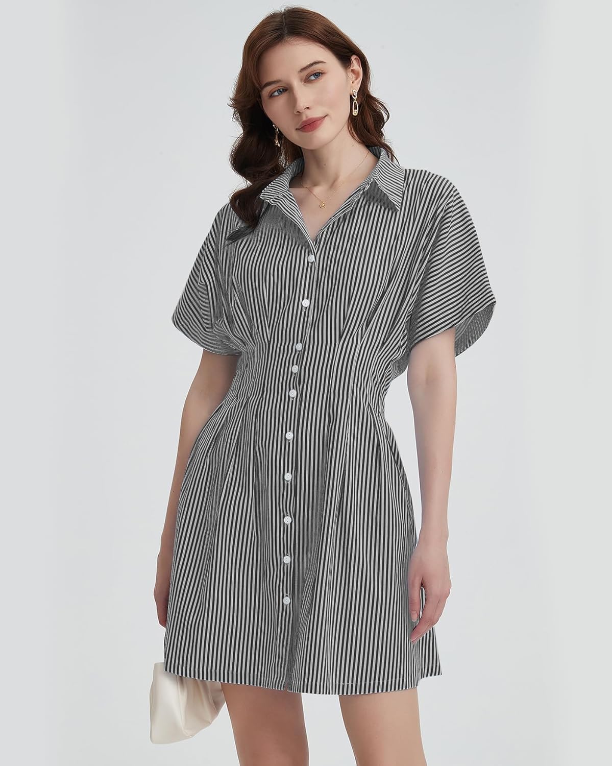 Women's Button Down Pleated Shirt Dress Short Sleeve Corset Waist Striped Summer Causal Mini Dresses - Image 3