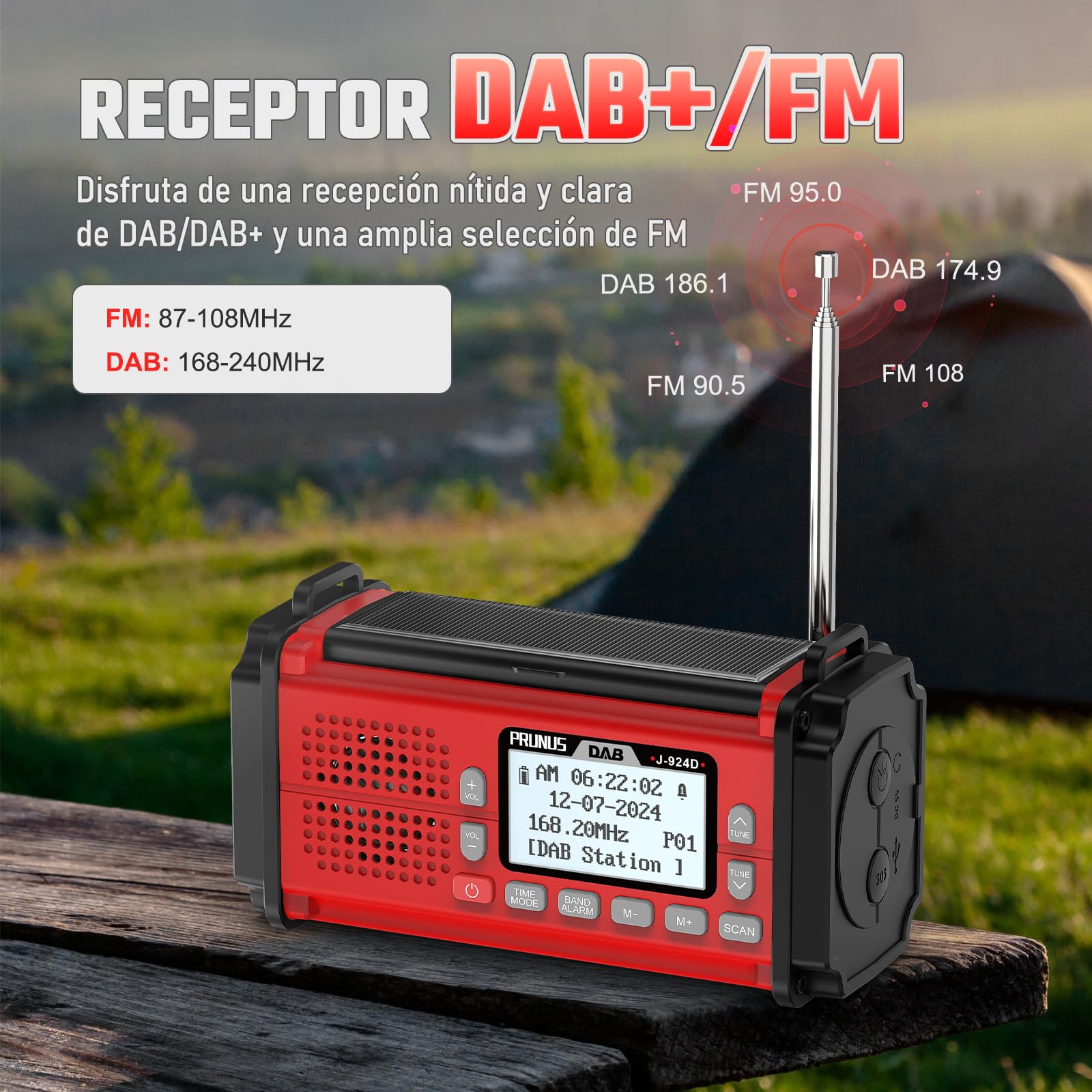 PRUNUS J-924 FM Dab Radio Digital con Función de Preselección, Radio Portatil Pequeña Recargable con Banco de Energía de 10000 mAh, Radios Solar y a Pilas, con Manivela,Linterna,SOS.
