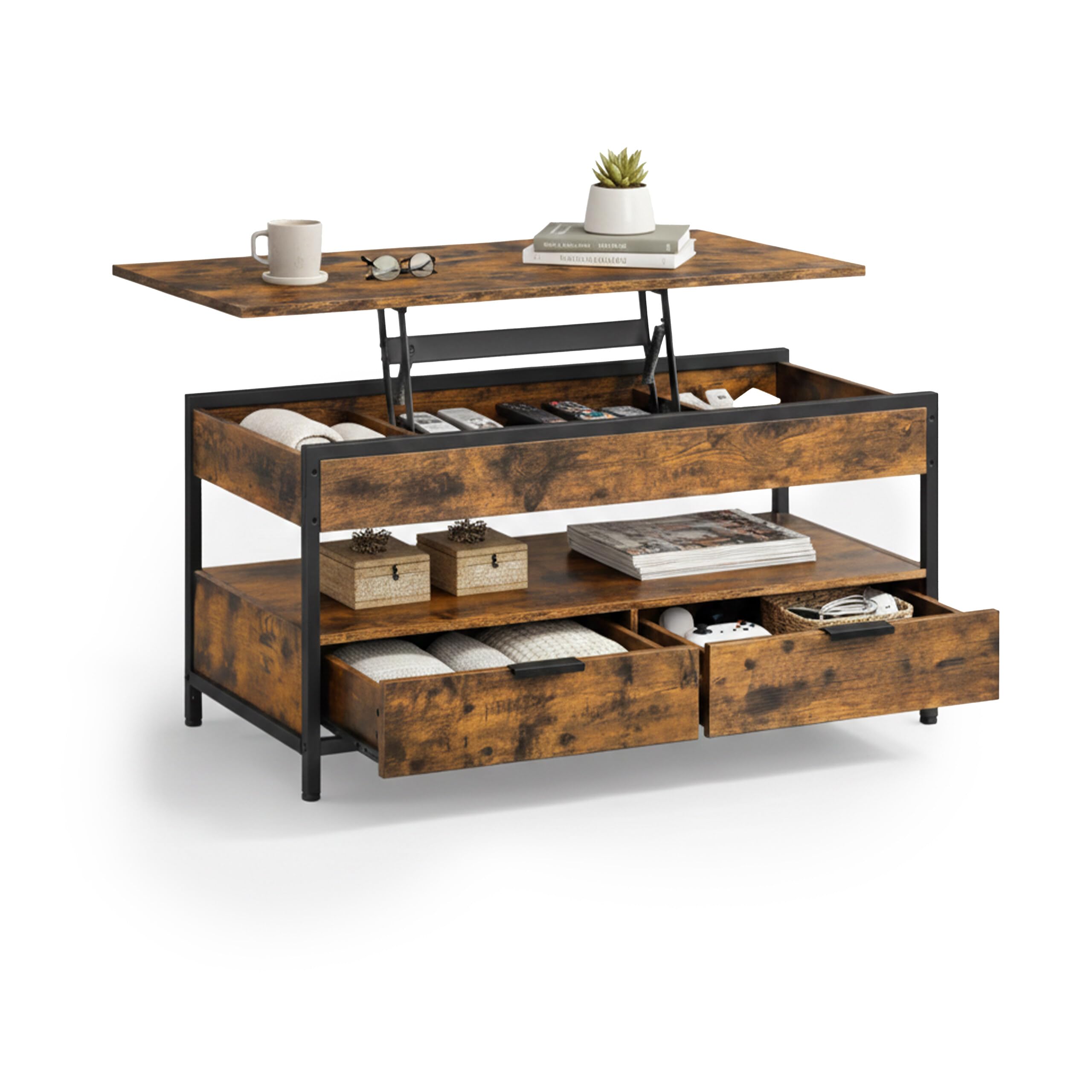 Relaxdays Tavolino, alzabile, 2 cassetti, 4 vani, HLP 48–63 x 100 x 50 cm, Industriale