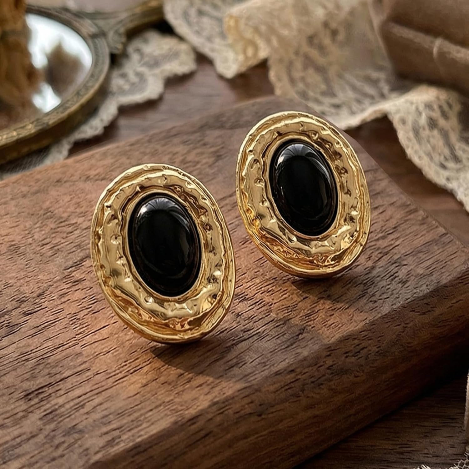 Black and Gold Earrings for Women, Vintage Oval Chunky Gold Earrings with Hammered Texture, Lightweight Statement Earrings for Women, Big Black Stone Drop Earrings Jewelry Gift - Image 6
