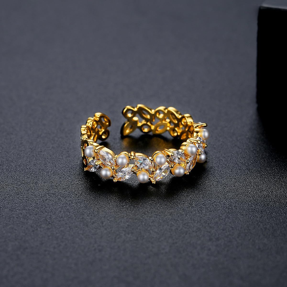 Adjustable Cubic Zirconia Pearl Finger Rings for Women Gold,Leaf Stackbale Ring. - Image 5