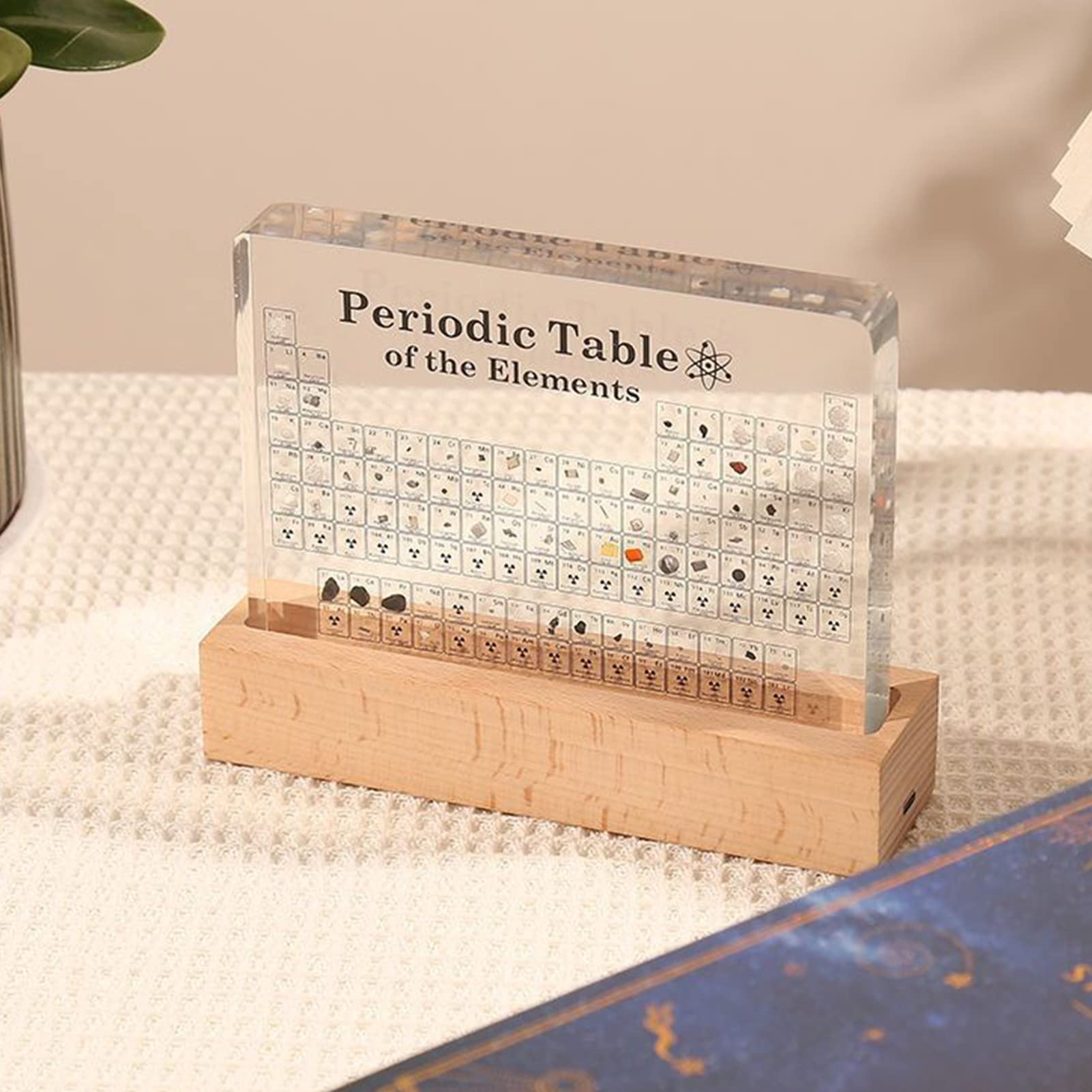 Tavola periodica in acrilico con elementi reali e base a LED in legno, display educativo per studenti e insegnanti, decorazione scientifica e strumento didattico