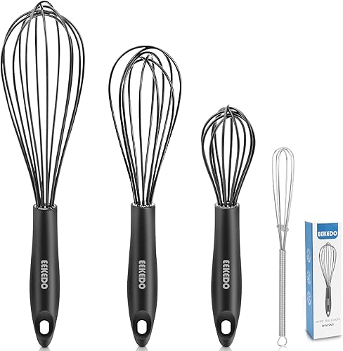 EEKEDO Batidor de silicona, 4 paquetes de batidores de globos de alambre, batidor de huevo con mango antideslizante para utensilios de cocina