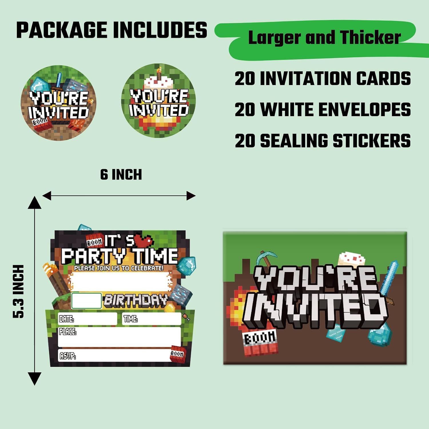 Birthday Party Invitations Boy - Pixel Party Invitations - 20 Sets Birthday Invitations for Boys Girls Kids - Pixel Theme Bday Party Decorations - 20 Invitations with Envelopes and Stickers B