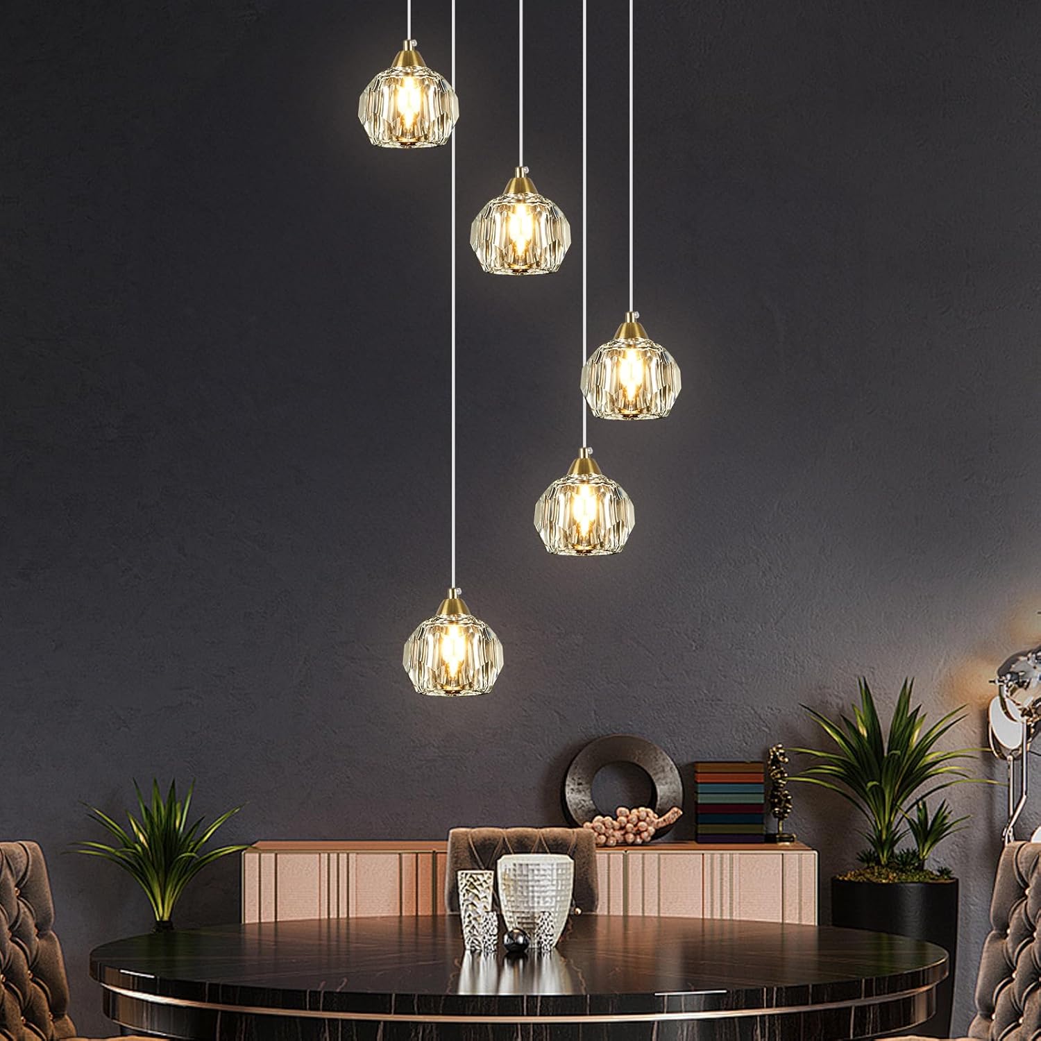 Crystal Chandeliers for Dining Room Lights Fixture Over Table, 5-Light Gold Modern Pendant Light Fixture，Crystal Chandeliers for Living Room Kitchen Island Staircases Foyer Hallway Bar