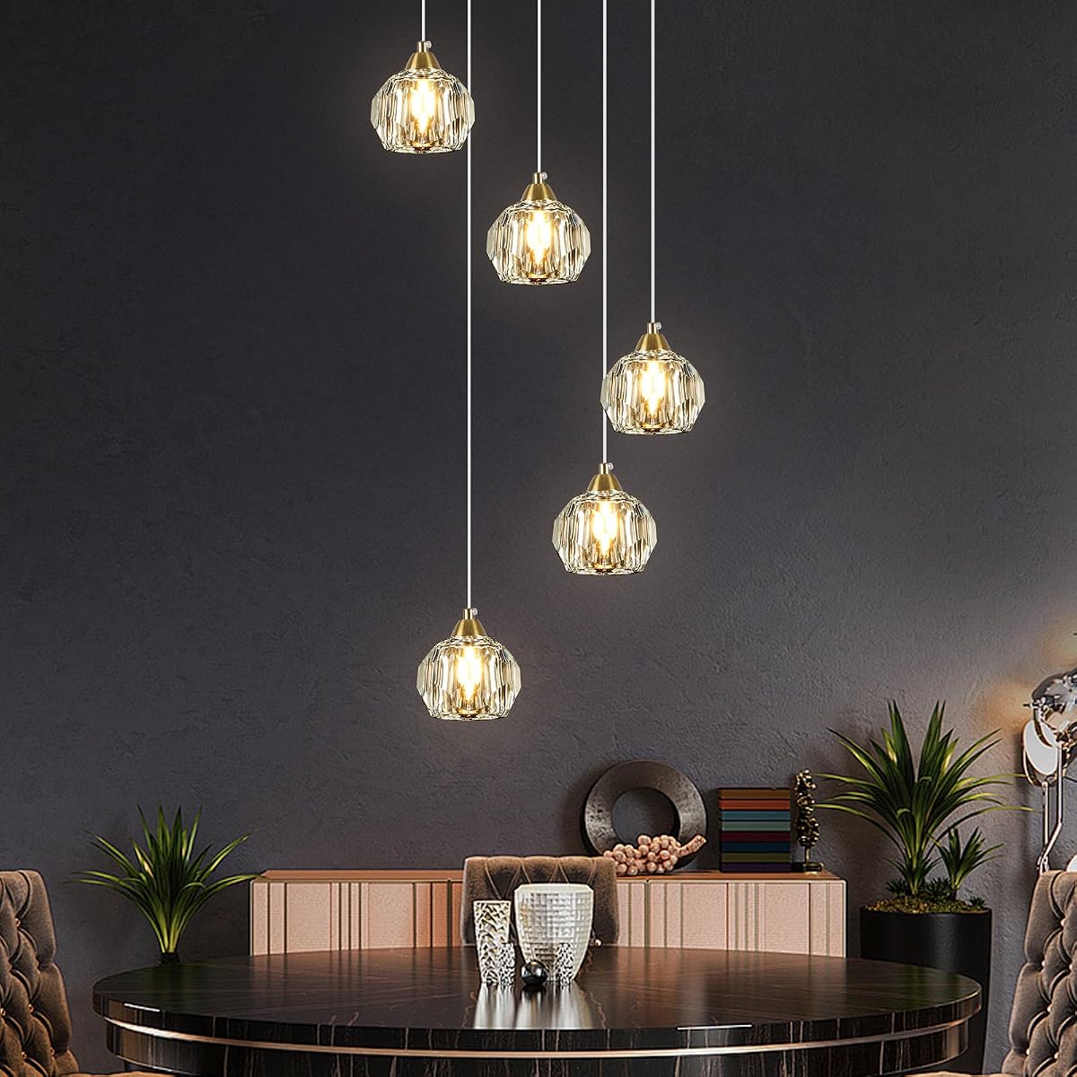 Weesalife 5-Light Crystal Chandelier, Gold Brass Pendant Light Fixture, Model