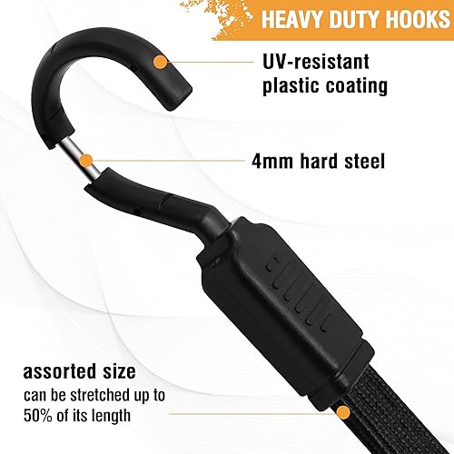 Miniatura 3 de Cuerdas elásticas con ganchos resistentes, paquete de 4 cuerdas elásticas largas planas de 80 pulgadas, correas elásticas negras de goma con ganchos