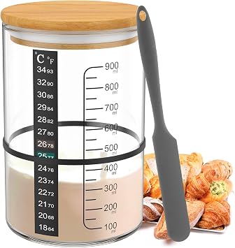Sourdough Starter kit, 900ml Glass Sourdough Starter Jar Wide Mouth Sourdough Fermentation Jar with Wooden Lid, Temperature Paper, Spatula Rubber String, Sourdough Bread Baking Supplies