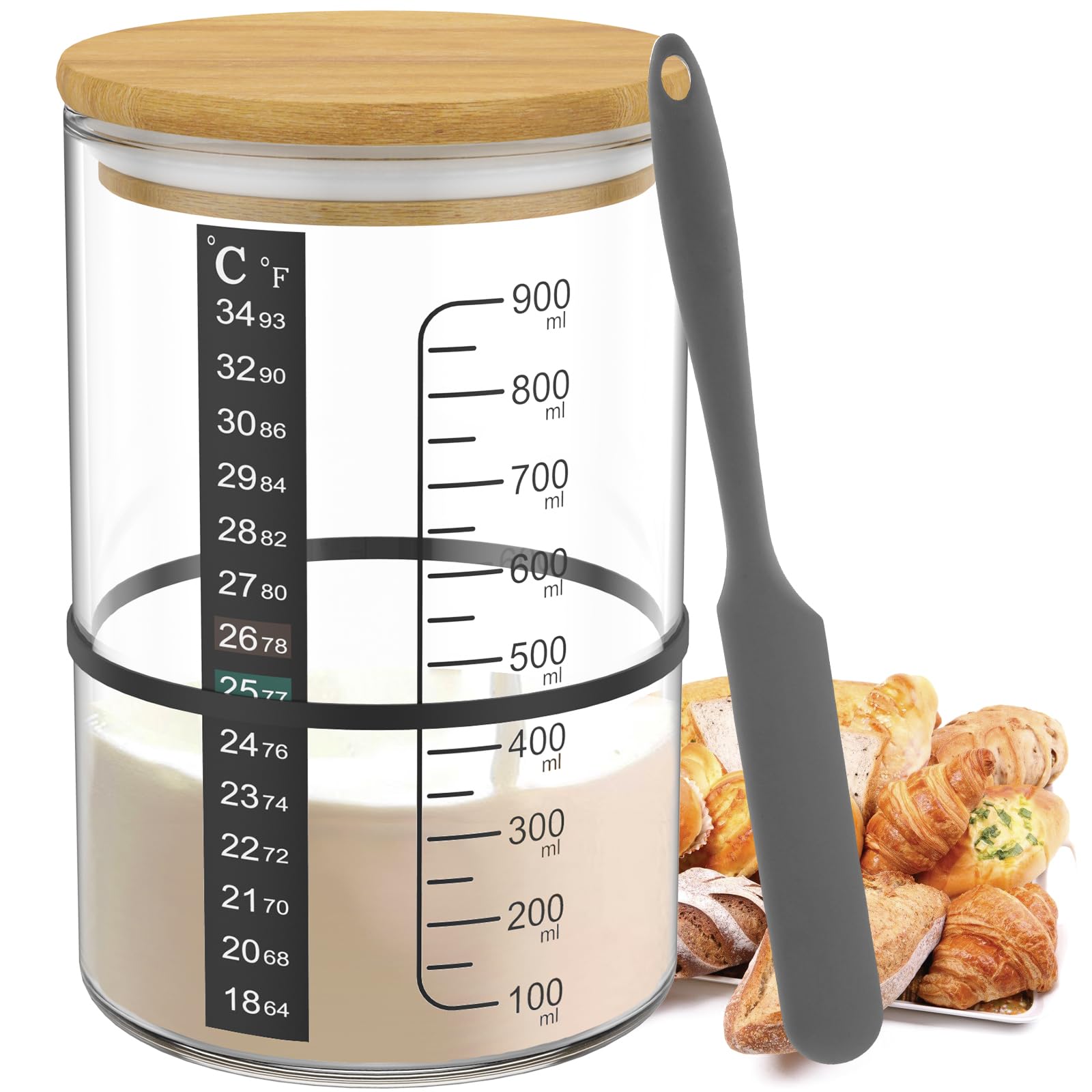 Nihuifdpy Set 1 Pro Sourdough Starter Kit With 900Ml Sourdough Starter Jar, Wooden Lid, Rubber String, Silicone Spatula And Temperature Paper, Sourdough Bread Baking Supplies For Making Delicious Breads, Pancakes