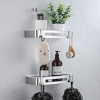 DUFU Étagère Douche Murale de Salle de Bain d'Sans Perçage Auto Adhésif SUS304 Acier Inoxydable Avec Crochet et Amovible ABS Rectangle Organiseur Panier Rangement 2 pièces Argent