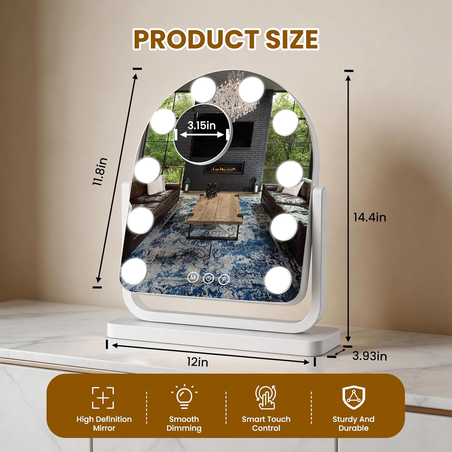 Rechargeable Arched Vanity Mirror with Lights, 14"×12" Hollywood Makeup Mirror with 10 Bulbs, 3000mAH Battery, 3-Color Lighting, Dimmable, 10x Magnification, Desk Mirror, Dorm Room Essentials (White)