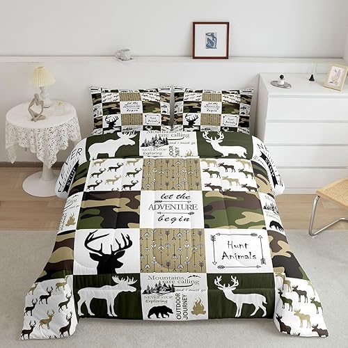 Castle Fairy Juego de edredón de cuadrícula tamaño Queen para niños, adolescentes, niños, decoración del hogar, ropa de cama de camuflaje de ciervos
