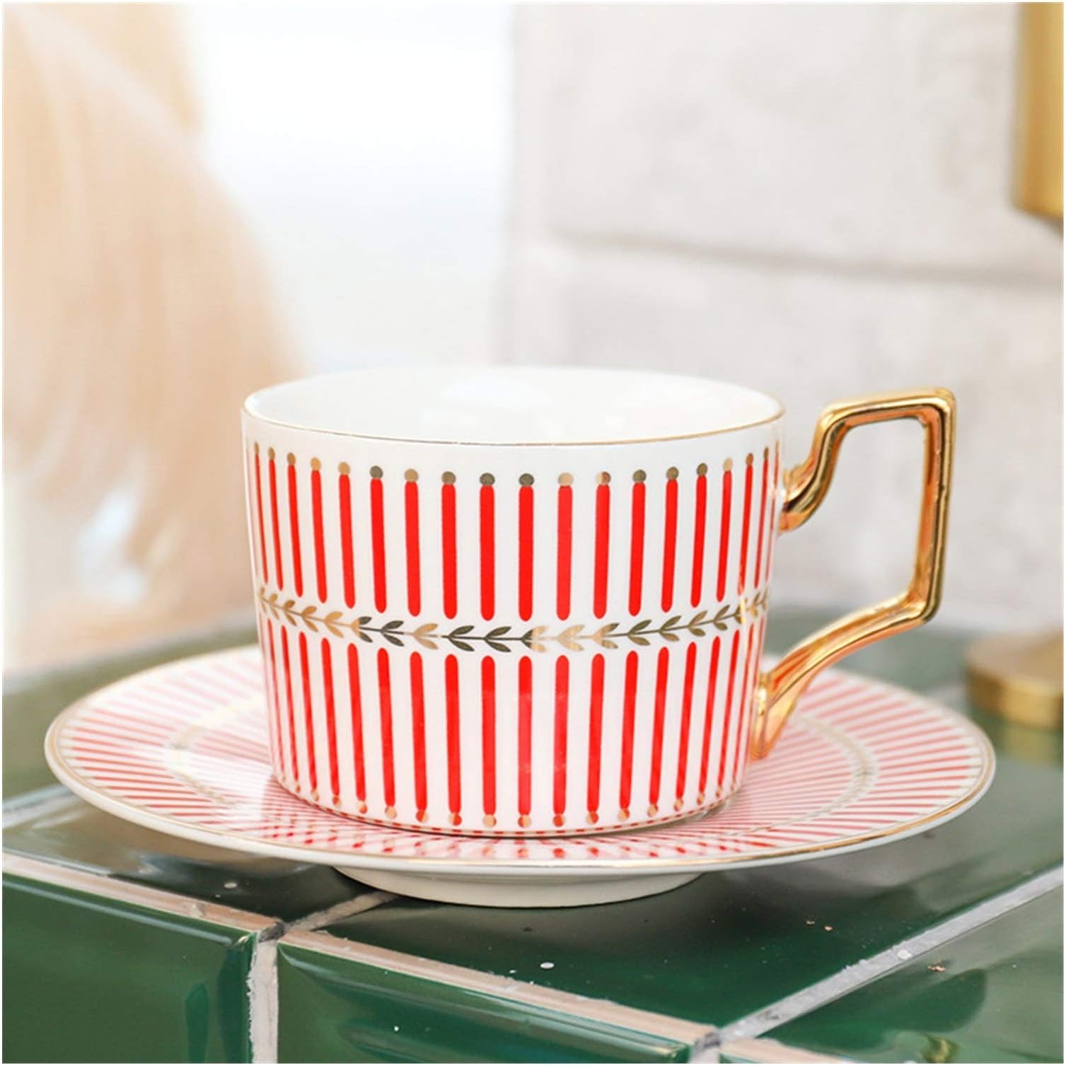 Coffee set,Moroccan Coffee Cup and Saucer Set Ceramic Cappuccino Afternoon Tea Cup 250ml Cup and Saucer Set(Vertical Stripe Red)