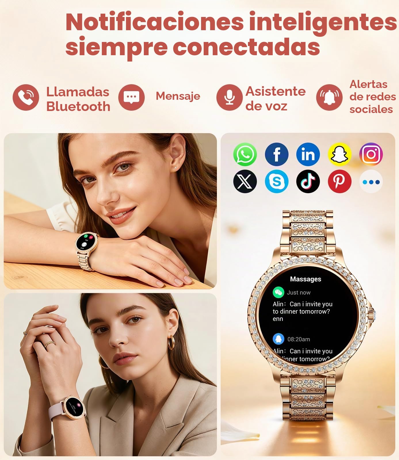 Reloj Inteligente Mujer con Diamantes, 1,32" Smartwatch Mujer con Llamadas Bluetooth, Monitor de Frecuencia Cardíaca/Sueño, 500 + Esferas, IP68, 110+ Modos Deportivos para Android e iOS, Oro Rosa