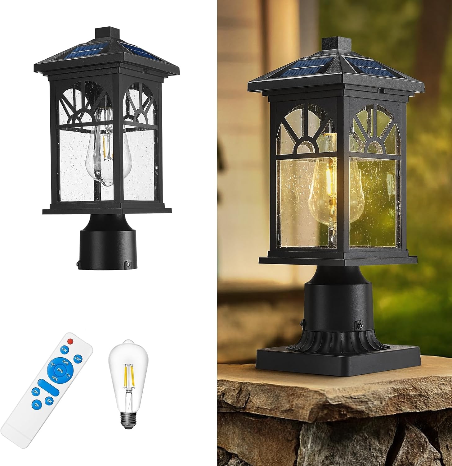 zeyu 13.4 Inch Exterior Lamp Post Light Fixture, Solar Patio Pillar Light with Remote, Die-Cast Aluminum with Seeded Glass Shade, Black Finish, ZYX112P SL BK