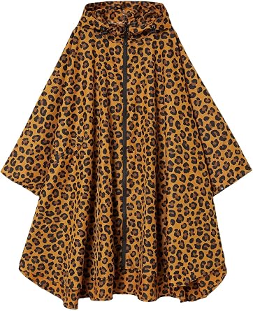 Womens Rain Poncho Stylish Polyester Waterproof Raincoat Free Size with Hood Zipper