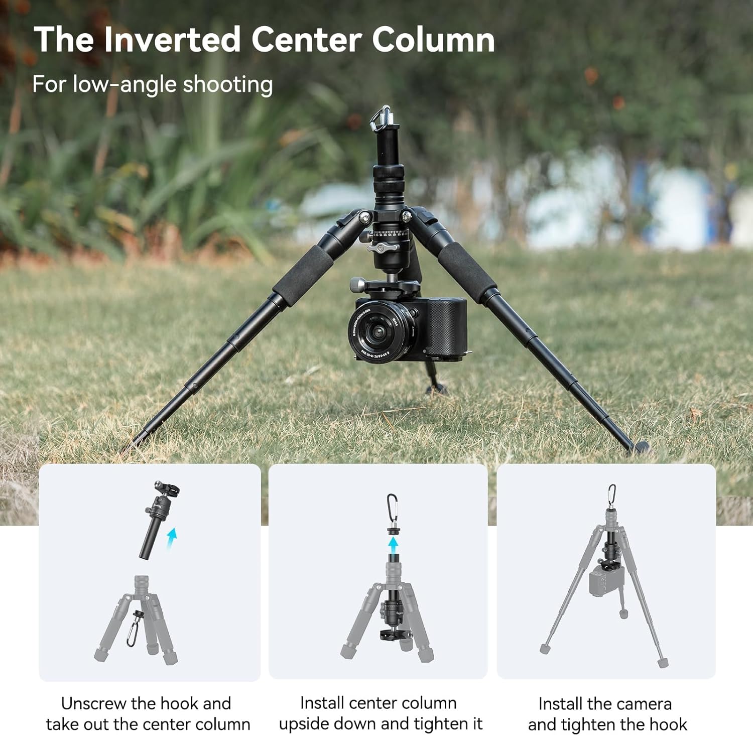 SmallRig VT-20 Mini Tripod demonstrating the inverted center column setup for low-angle shooting.
