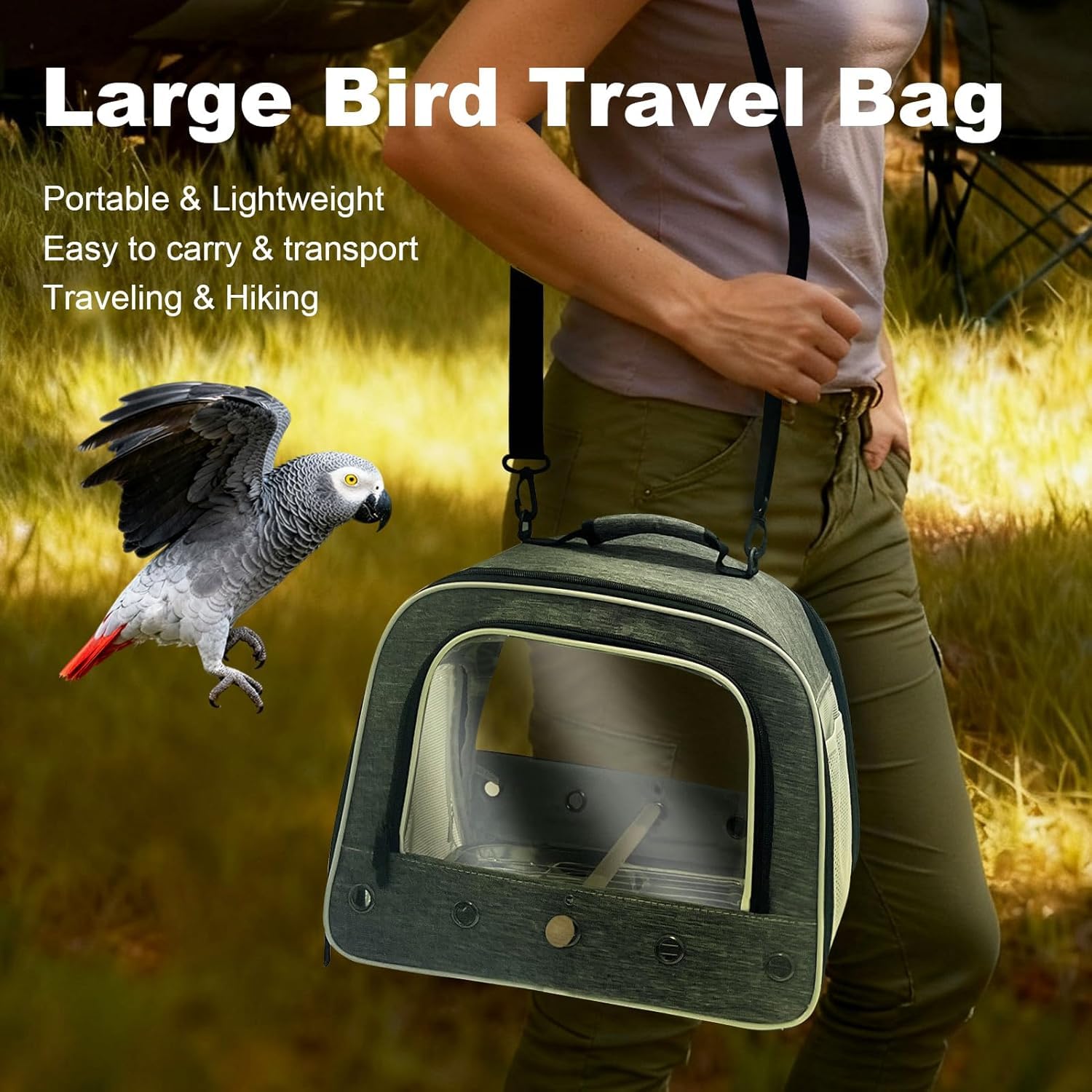 Vogeltrage zum Transport großer Papageien, tragbare Tasche mit Metallschale und Gitter für mittelgroße und große Vögel wie Graupapageien, Nymphensittiche und Papageien mit langem Schwanz (Grau, L)