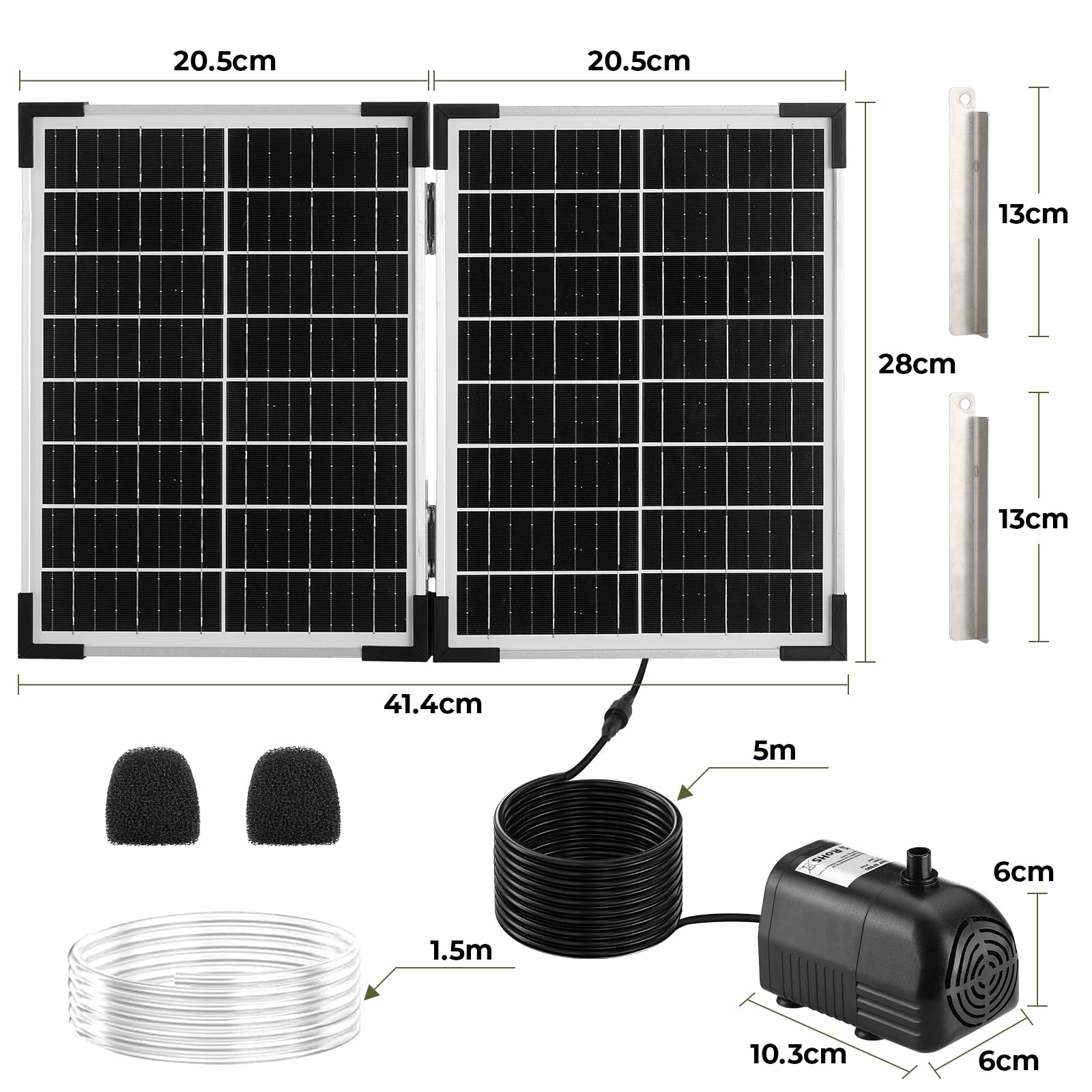 Clevich 25W Pompe Solaire Bassin Extérieur,260L/H, Max 200cm,Panneau en Verre 100% avec Moteur sans Balais,INCL 4+4 Buses et 2Cartouches Filtrantes,Câble de 5m,pour Bassins de Taille Moyenne,Jardin - 3