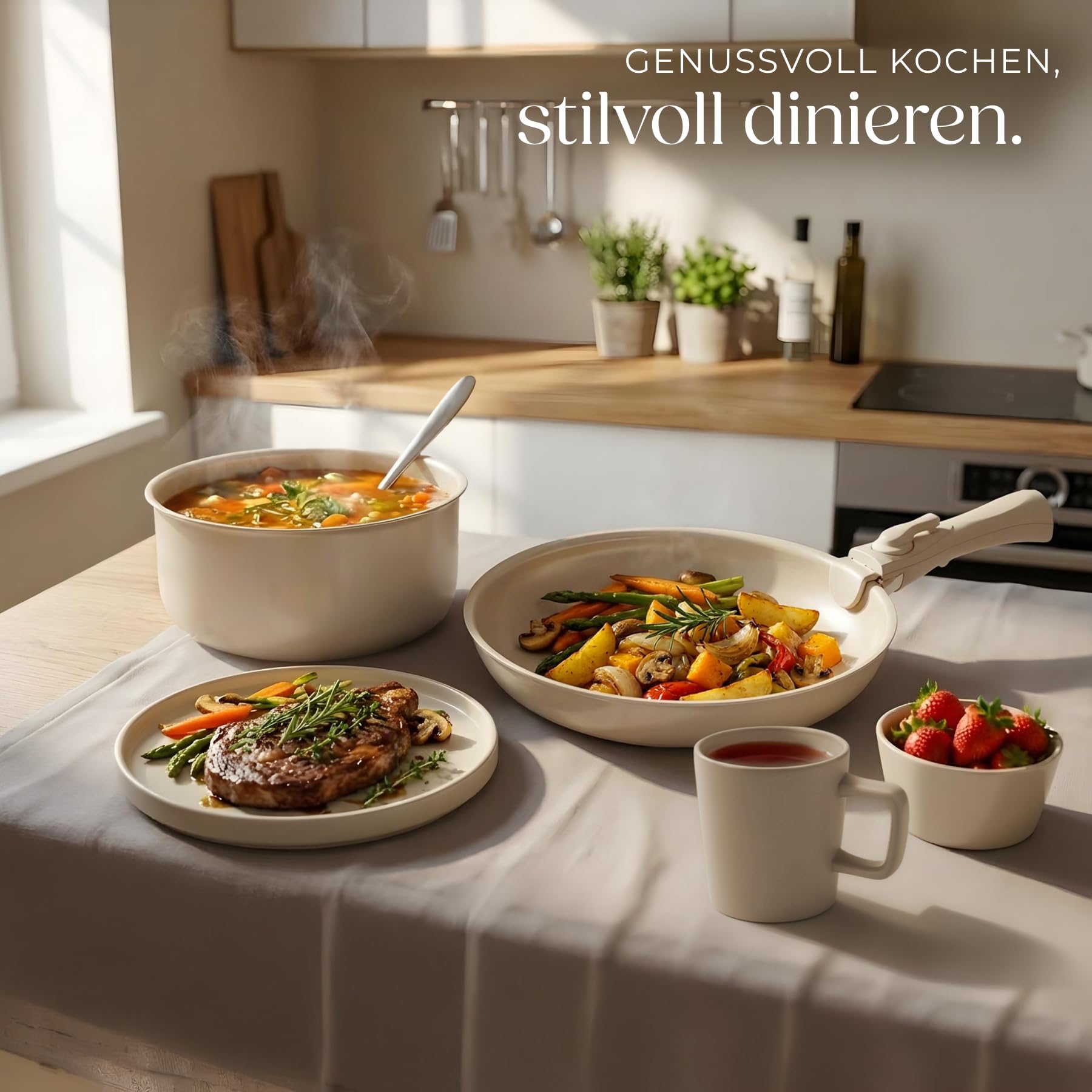 tectake® Küchenstarterset 6 Personen, Steingut Geschirr Set, Teller, 3 Pfannen, 2 Töpfe, rostfreies Aluminium, Kochtopf Set, Töpfe Set, kratzfest, inkl. 5 Küchenwerkzeuge - taupe/weiß, 46-tlg.