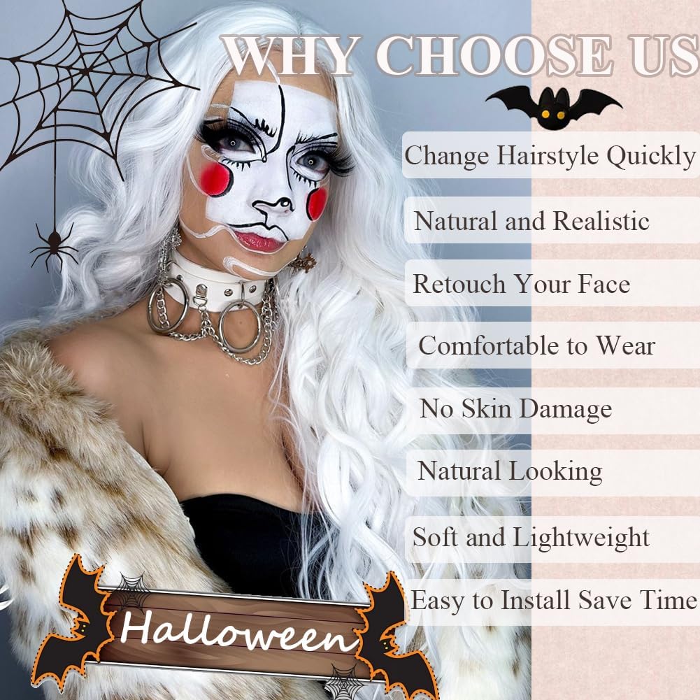 PORSMEER Long White Wavy Curly Wig for Women Halloween Costume Elf Fairy or Witch,Natural Looking Synthetic Hair Replacement Wig for Unisex Anime Cosplay - Image 3