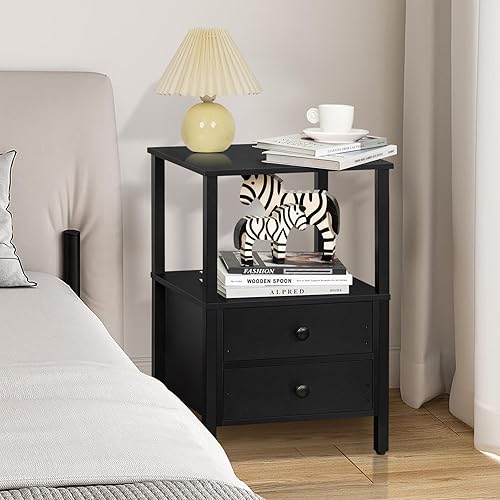 Miniatura 5 de Lerliuo Mesita de noche negra, mesita de noche pequeña con 2 cajones y estante abierto, mesa auxiliar de madera con almacenamiento, mesitas de noche