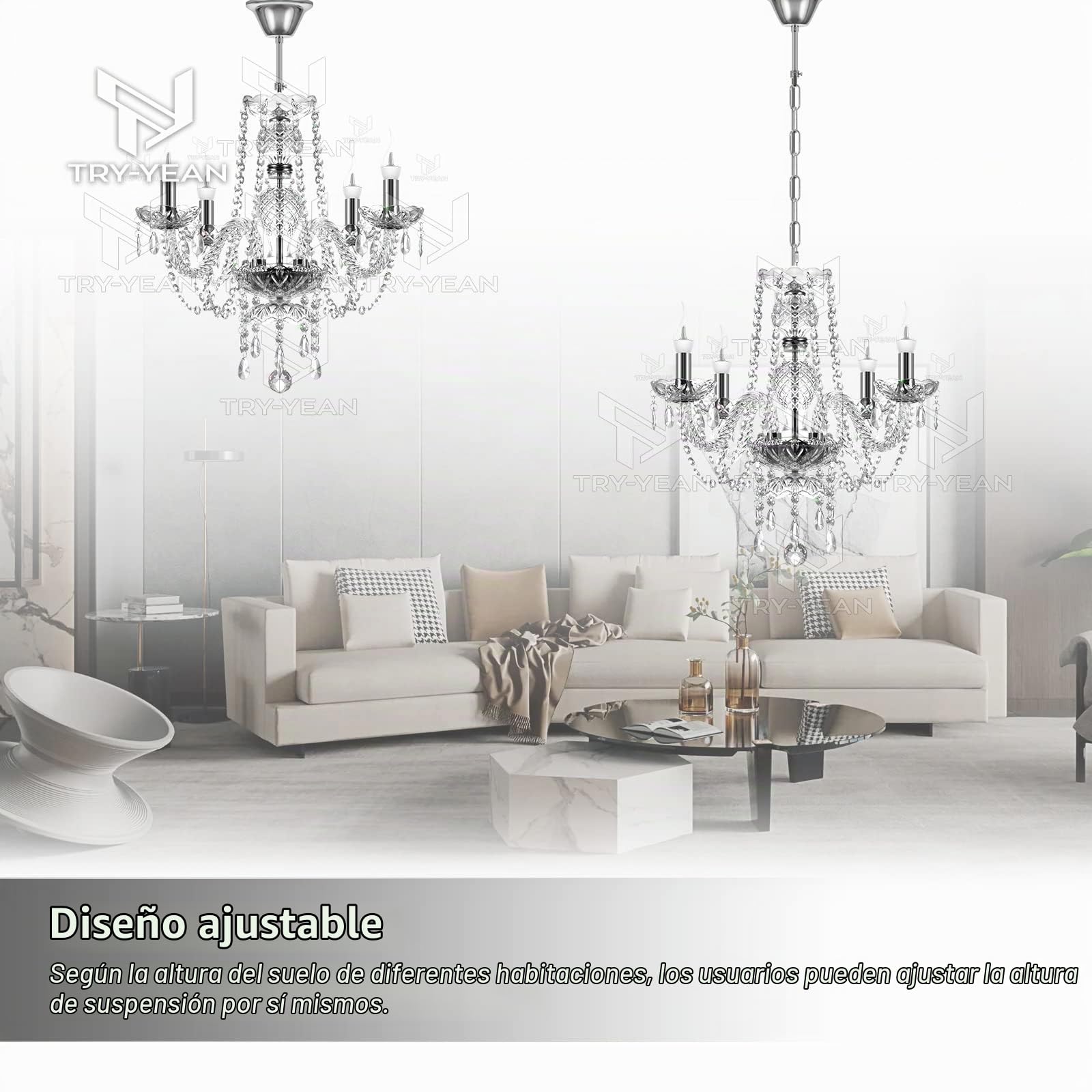 Lámpara de Techo de 4 Brazos Lámpara Colgante de Araña con Cristales Transparentes K5 E14 44cm Lamparas Clasicas de Techo con Cadena Ajustable para Dormitorio, Salón, Comedor, Pasillo