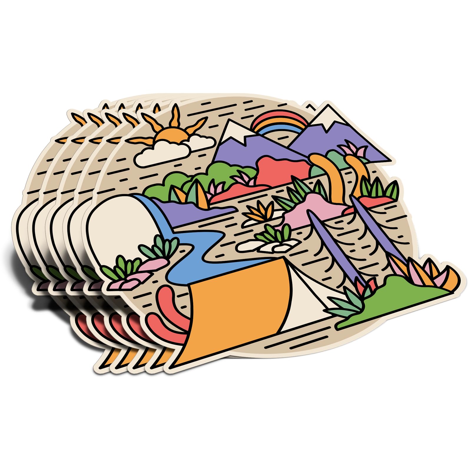 (5Pcs) Scenic Mountain Camping Sticker Adventure Nature Decal Waterproof Vinyl Stickers Adult for Laptop Kindle Car Tumbler Water Bottle Mug Phone Notebook Helmet Bike Mug - Size 3”x2.8”