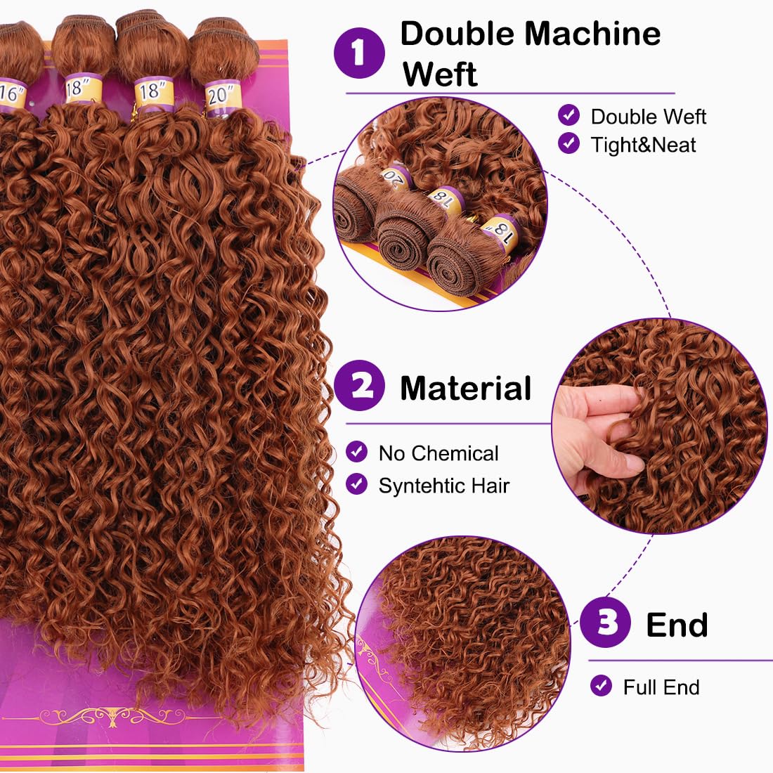 Highlight Brown Afro Kinky Curly Synthetic Hair Weave 4 Bundles 16 18 18 20 Inches Jerry Curl Synthetic Hair Weft Extensions(Color 30)