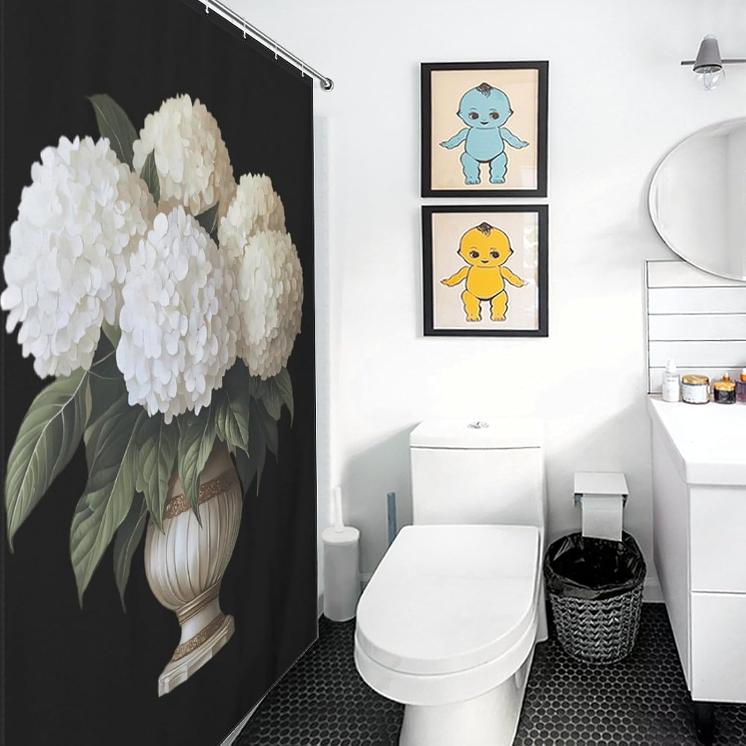 White Hydrangeas Flower Funny Shower Curtains Washable Bath Curtain Liner with Hooks for Bathroom Bath Tubs