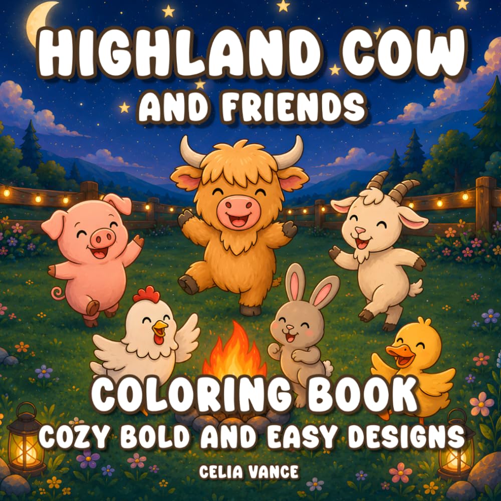 Highland Cow and Friends Coloring Book: Bold and Easy Scottish Cows Designs Relaxation for Kids and Teens