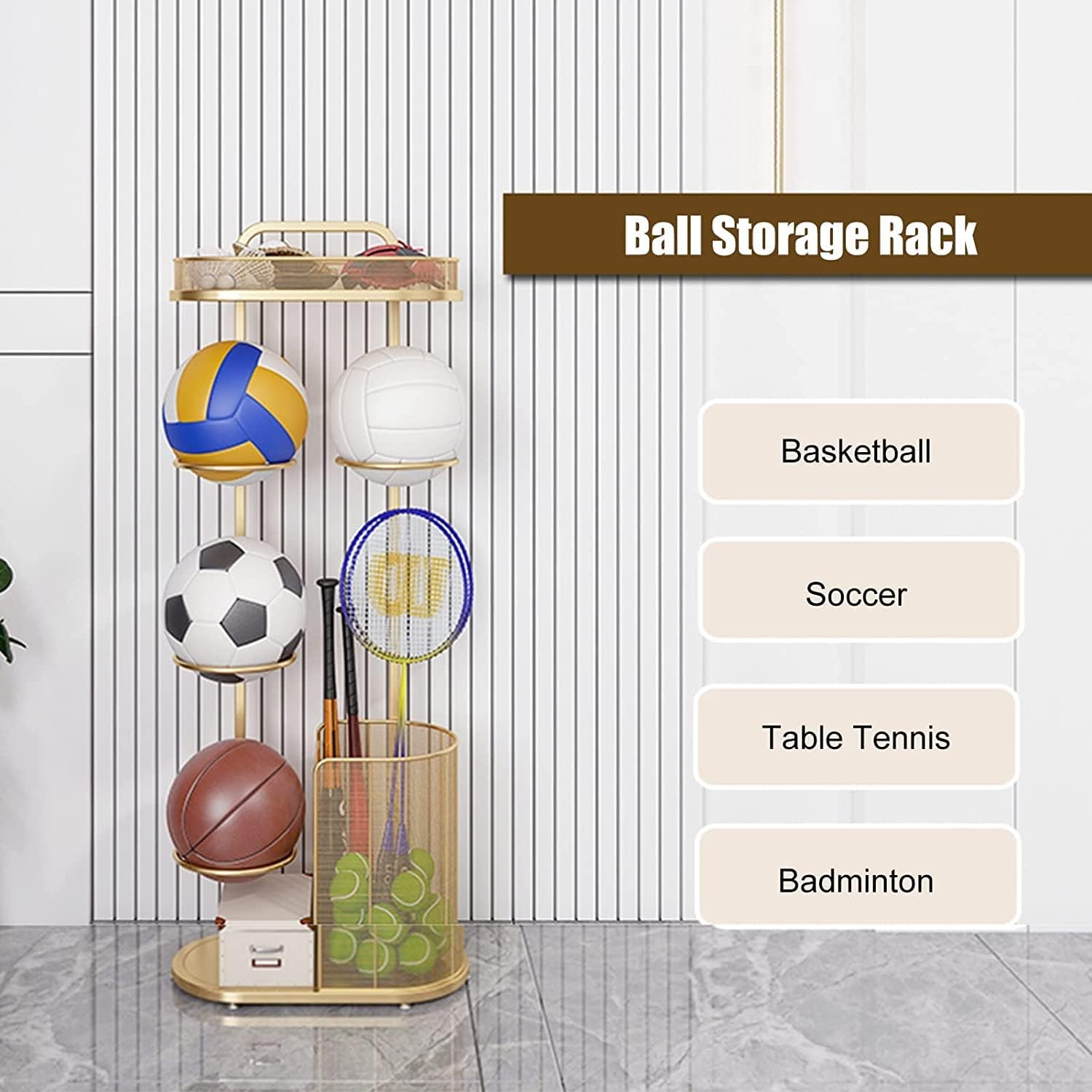 Racket Storage Rack, Ball Storage Rack Vertical, Home Garage Basketball Organizer 110cm Tall, Iron Gym Equipment Rack for Badminton Racket/Tennis Ball (Gold)(Color:Gold)