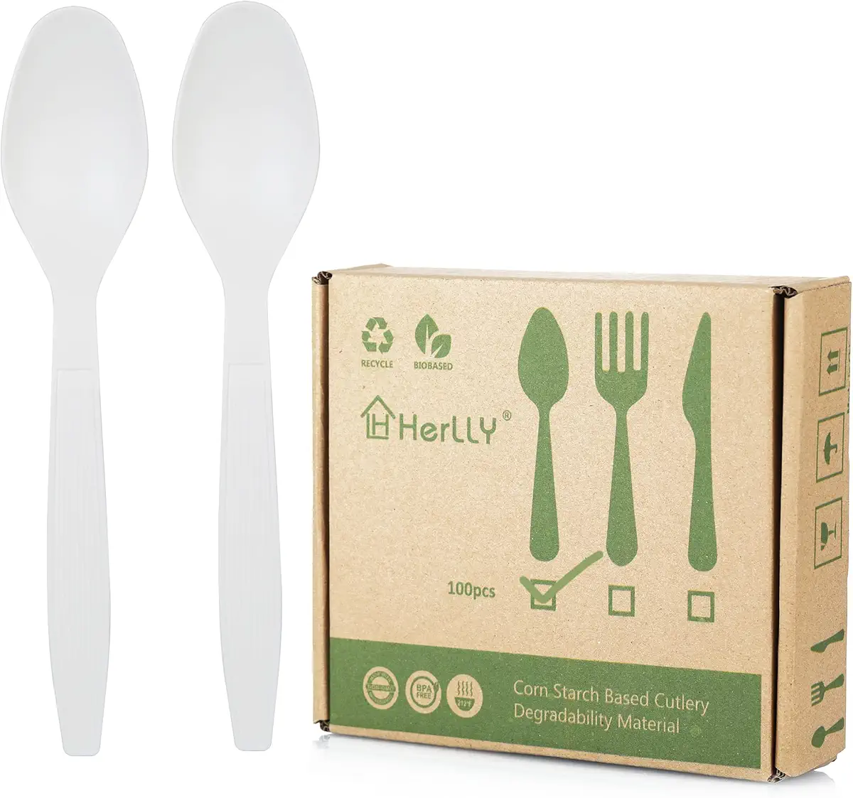 HERLLY Compostable Spoon,100 Biodegradable Silverware for Party,Large Disposable Utensils Eco Friendly Durable and Heat Resistant,Alternative to Plastic Spoon