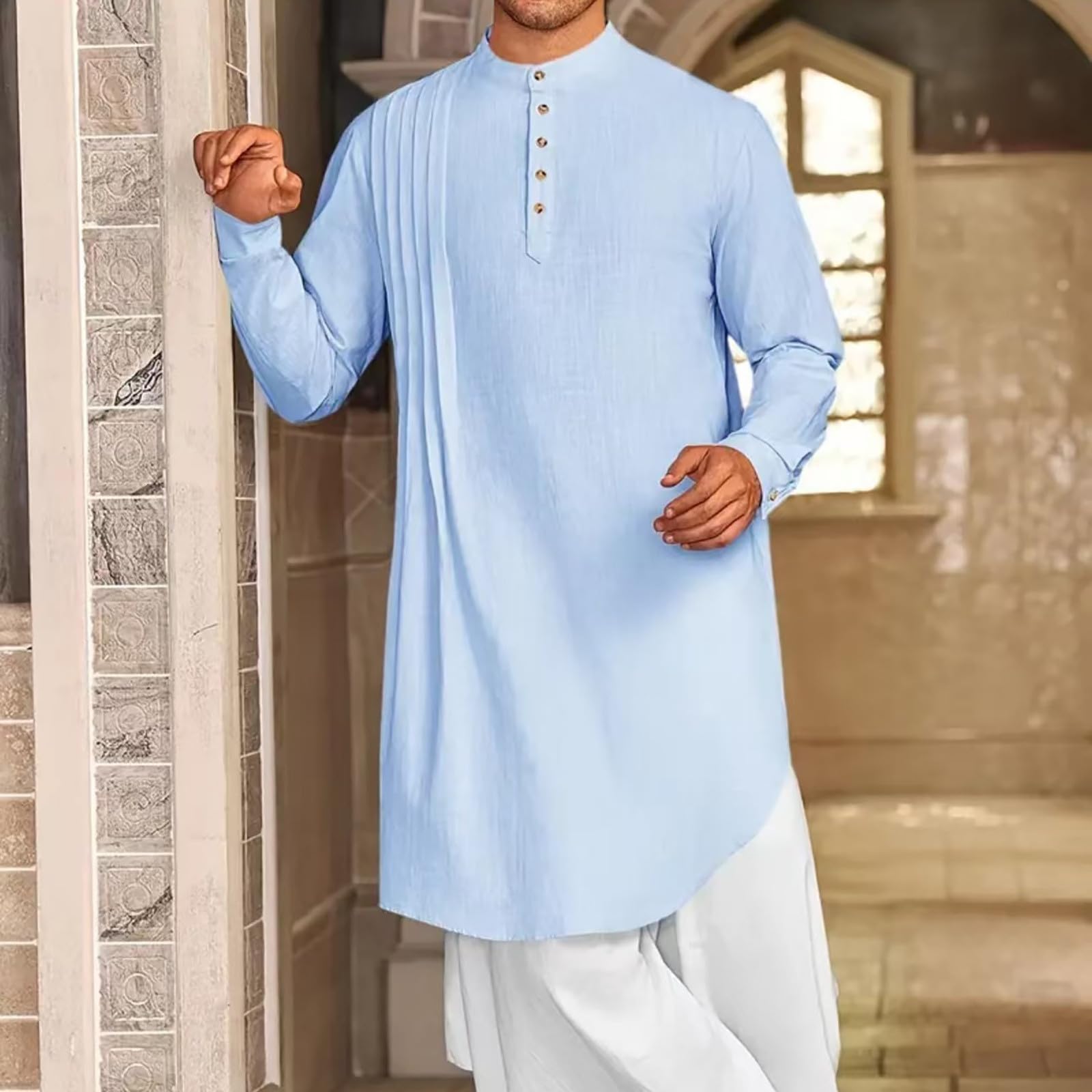 T-shirts à manches courtes pour homme - En lin - Manches longues - Caftan Thobe - Robe longue - Robe décontractée musulmane