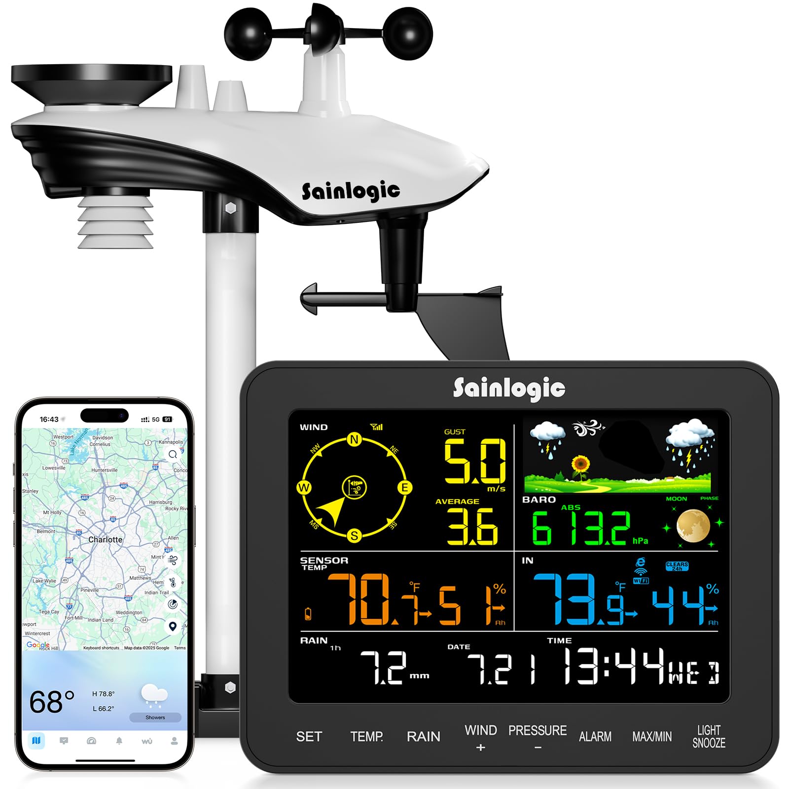 Sainlogic Smart Wetterstation Funk mit Außensensor SA6 Plus, 12-in-1 Wetterstation Wlan für 24/7 KI, E-Mail-Warnungen, Digitaler Regenmesser und Windmesser