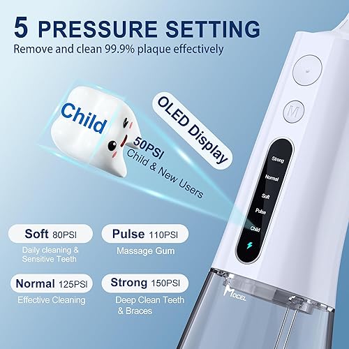 Miniatura 2 de Irrigador dental de agua inalámbrico MOCEL 5 modos de irrigador oral 300ML portátil y USB C cable recargable IPX7 impermeable hilo dental Pick