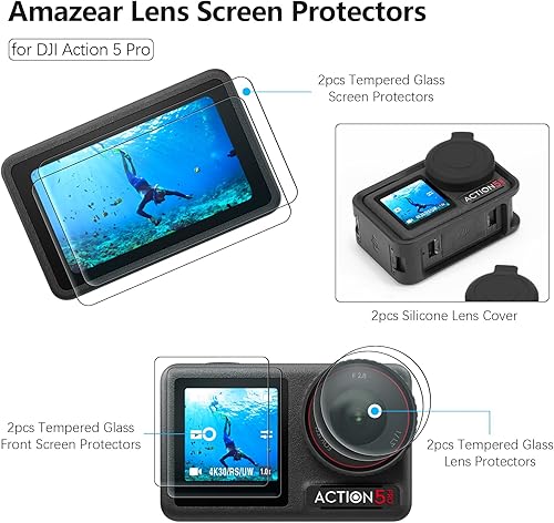 Miniatura 2 de AMAZEAR Protector de pantalla de lente para DJI Osmo Action 5 Pro (2 juegos-8 unidades), protector de pantalla de vidrio templado Action5 Pro con