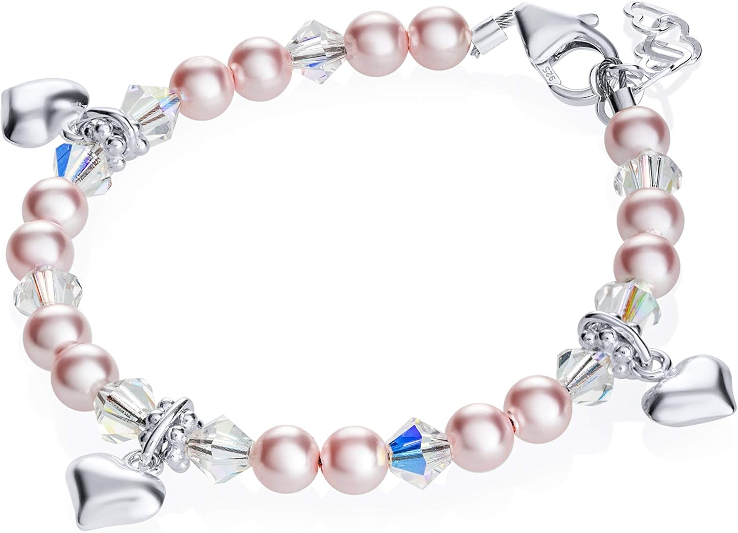 Delicate Sterling Silver Newborn Baby Girl Pearl Bracelet - with Pink European Simulated Pearls, Crystals and Silver Spacers - Perfect, Newborn Baby Gifts (BPB)