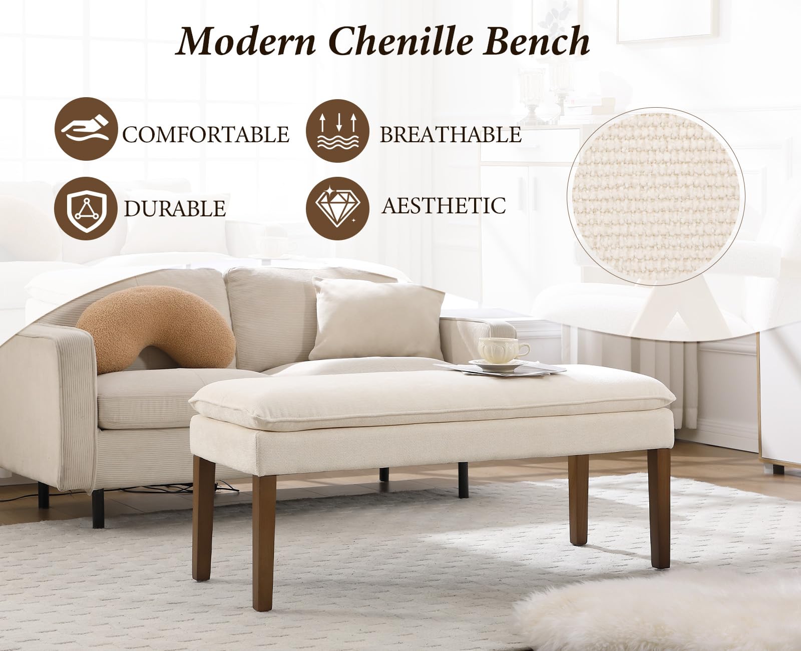 Ya-Home Banquette Rembourrée avec Pied en Bois Banc d'Entrée Moderne en Chenille, Banquette de Lit Designe Banc de Cuisine pour 2 Personnes, Blanc