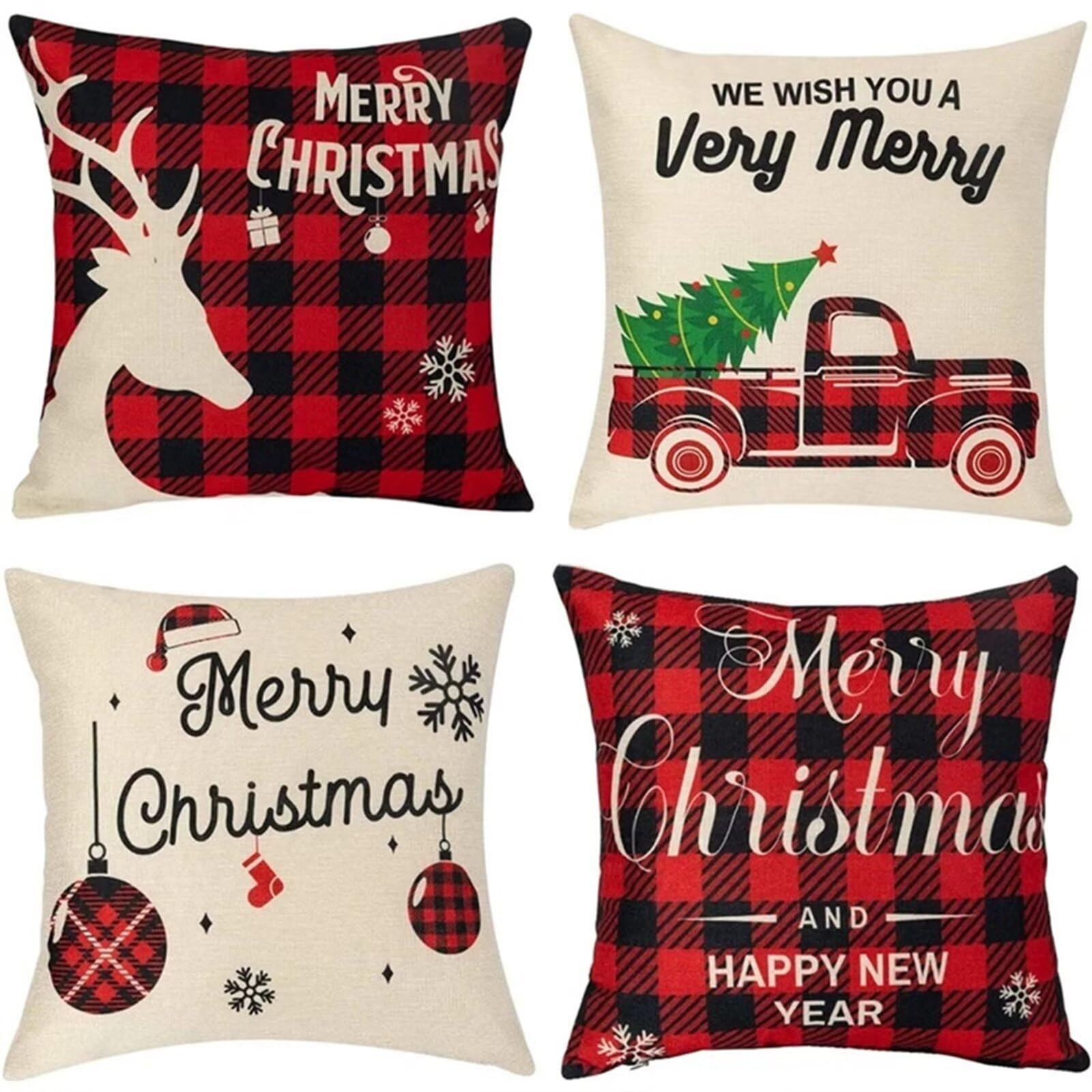 Juego de 4 Impermeable Funda de Cojín Árbol de camiones a cuadros,65x65cm Moderno Suave Transpirables Lino Fundas de Almohada Cojines Decor con Cremallera Oculta para Exterior Sofá Cama Coche Hogar