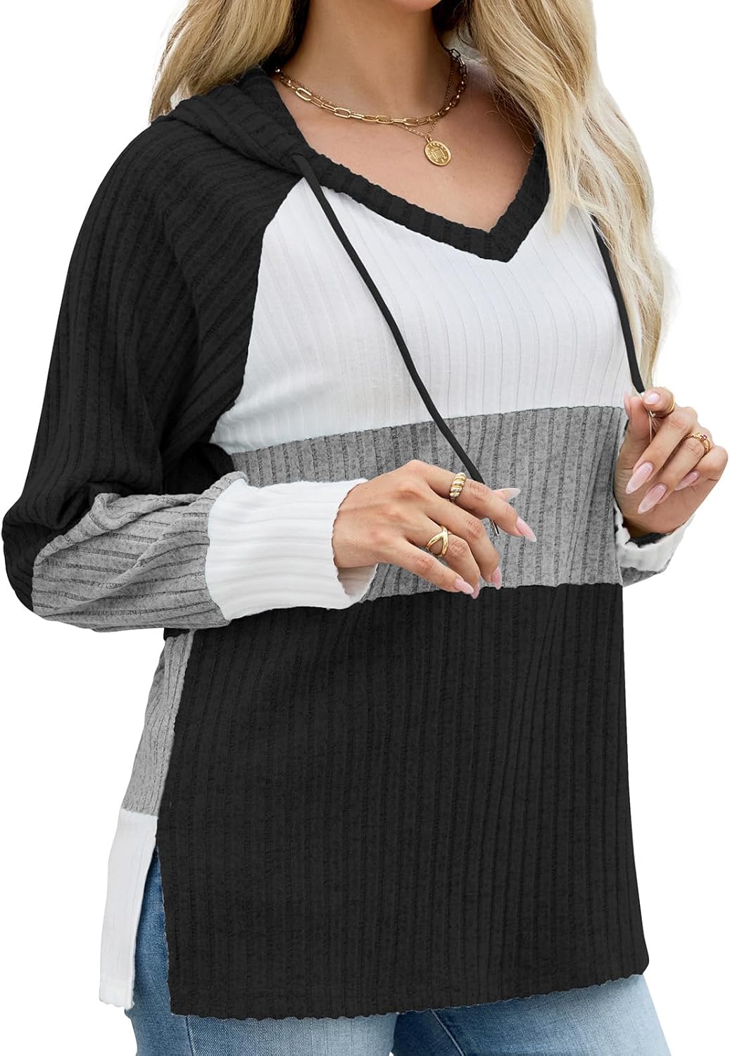 Sweaters for Women Fall Winter Color Block Tops Long Sleeve Hoodie Loose Casual Fashion Pullover Clothes - Image 4