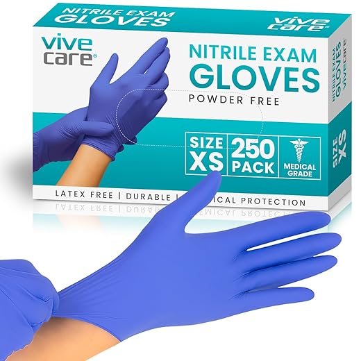 Vive Powder Free Nitrile Exam Gloves (250 pcs) - Blue, Disposable, Latex-Free - For Medical Exams, Food Prep, Dental Procedures, First Aid, Cleaning, Cooking - Non-Sterile Rubber, Powder-Free (XS)
