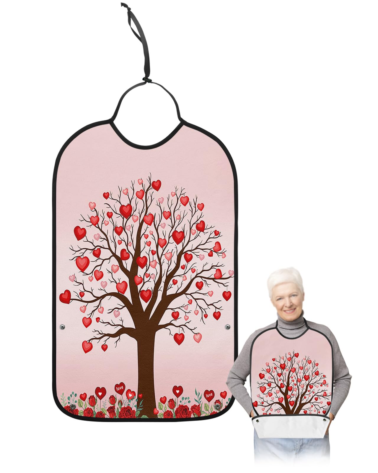 Valentine's Day Adult Bib for Eating with Crumb Catcher,Washable & Waterproof Terry Cloth Adjustable Elderly Women Men Adult Bibs Funny Apron Clothing Protector Red Pink Love-Tree Saint Rose Flower