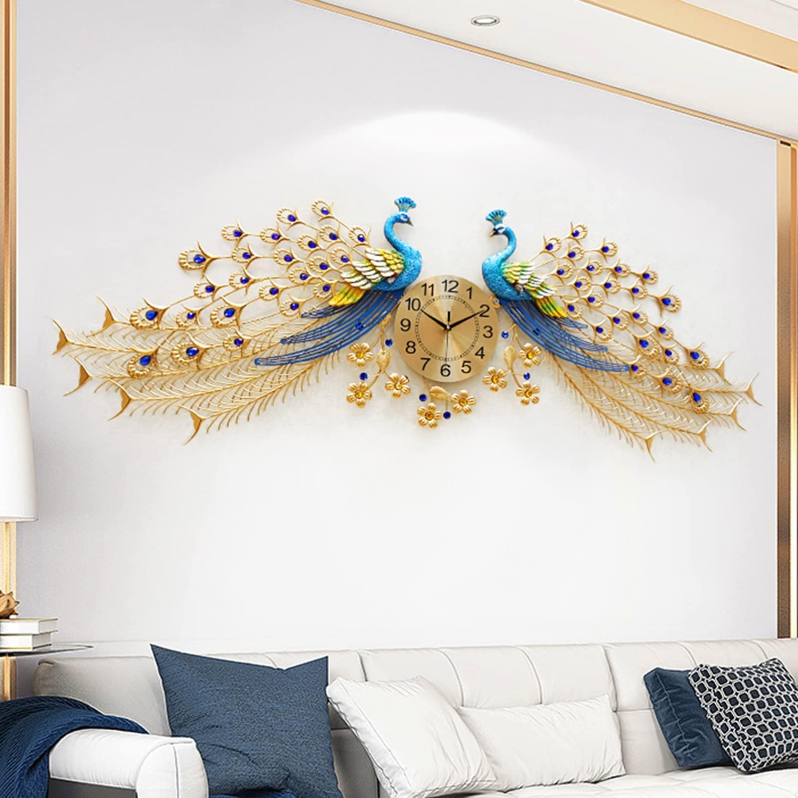 TBDdsd Wall clocks, Large Metal Peacock Wall Clock for Living Room Decor Silent Movement Bedroom Decoration(C)