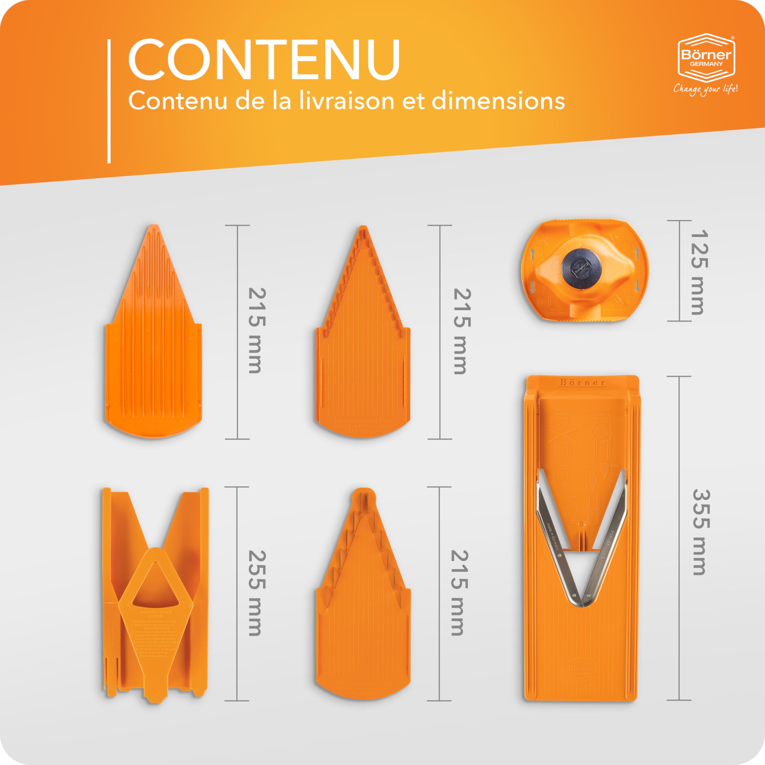 Coupe Légumes V3 (Starter Set) • Mandoline en V pour 5 types de coupe • Mandoline Réglable pour Légumes & Fruits • Lame en Acier Inoxydable • Râpe avec Porte-fruits • Orange