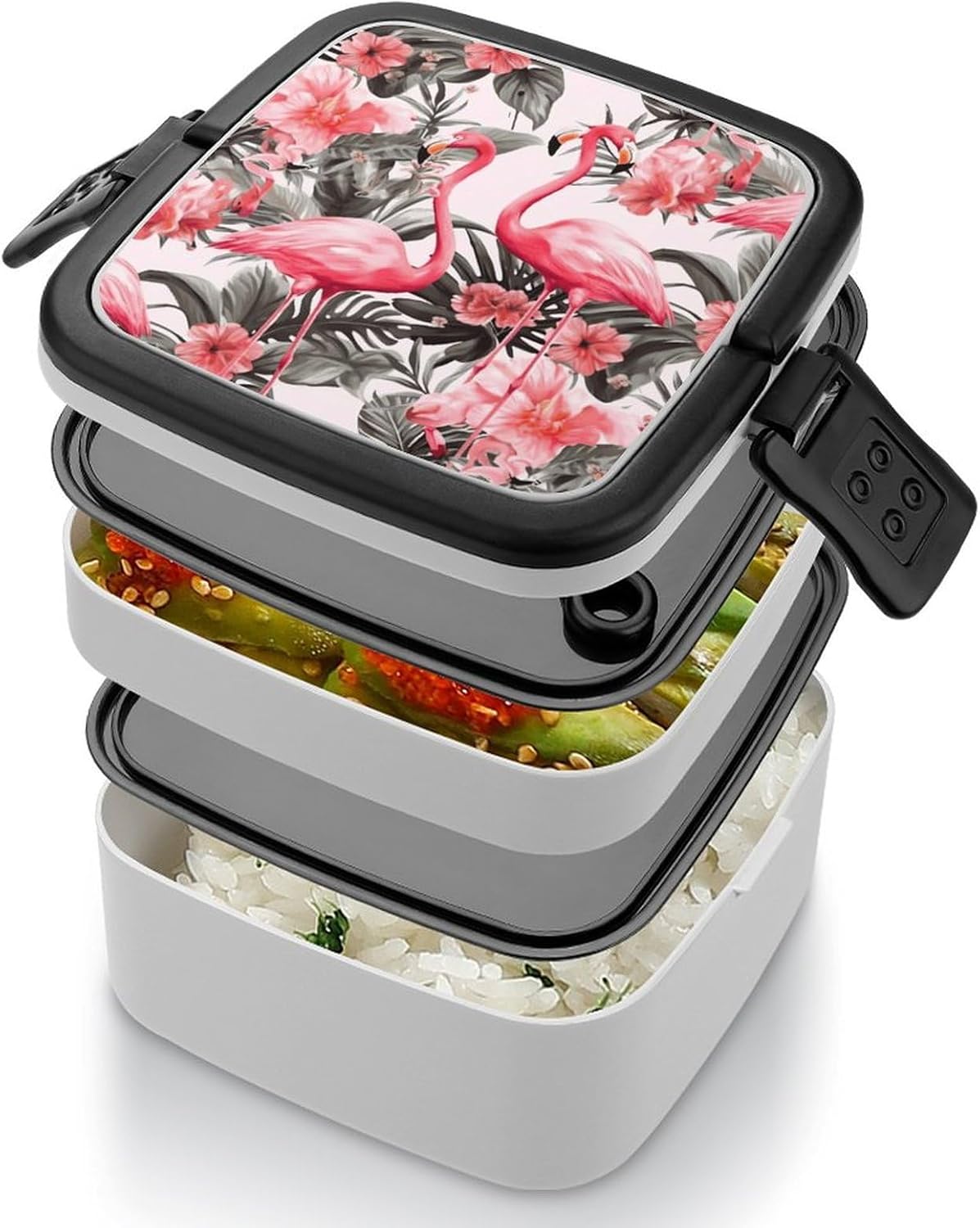 Bento Box with Spoon And Handle Flamingo Floral Printed Printed Stackable Bento Box Portable Bento Lunch Box Container for Work Camping And Travel
