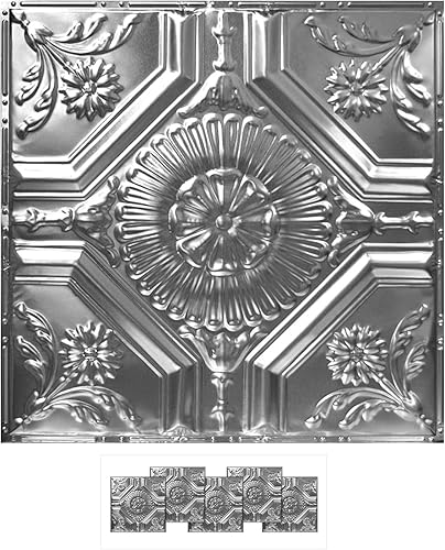 American Tin Ceilings Kit de 5 azulejos de metal para clavar en patrón #23 y color níquel satinado cepillado 24 x 24 pulgadas 20 pies cuadrados en
